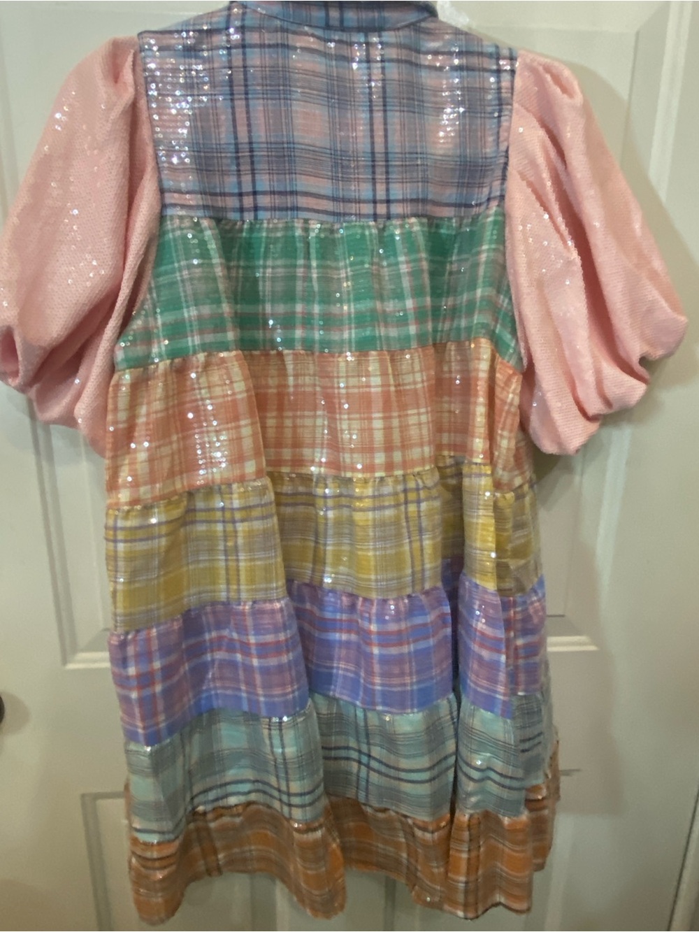 QUEEN OF SPARKLES Pastel Plaid Mini Dress with Pink Puff Sleeves NWOT - Picture 2 of 2